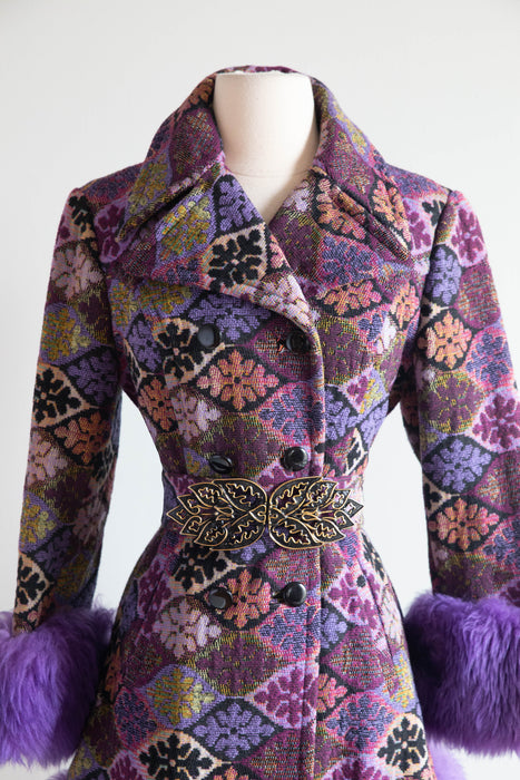 Iconic 1970's Country Pacer Tapesty Princess Coat With Purple Shearling Trim / M