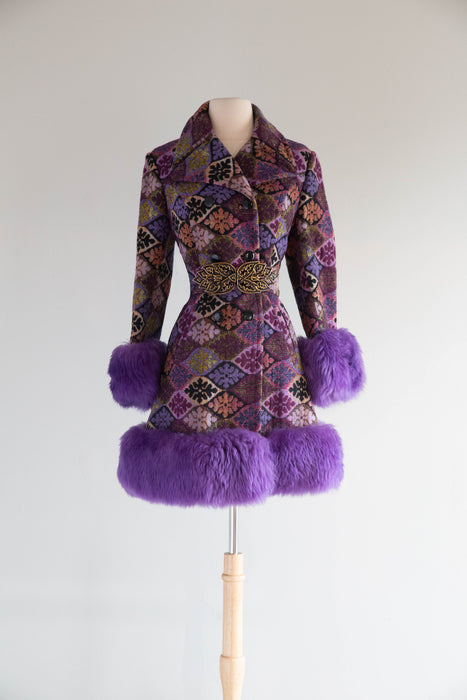 Iconic 1970's Country Pacer Tapesty Princess Coat With Purple Shearling Trim / M