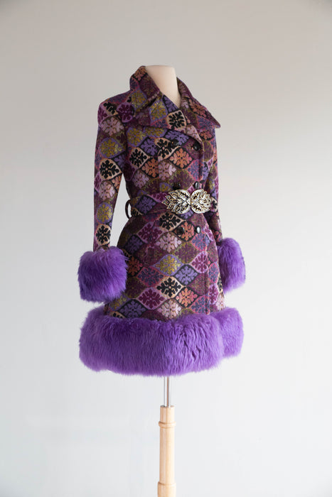 Iconic 1970's Country Pacer Tapesty Princess Coat With Purple Shearling Trim / M