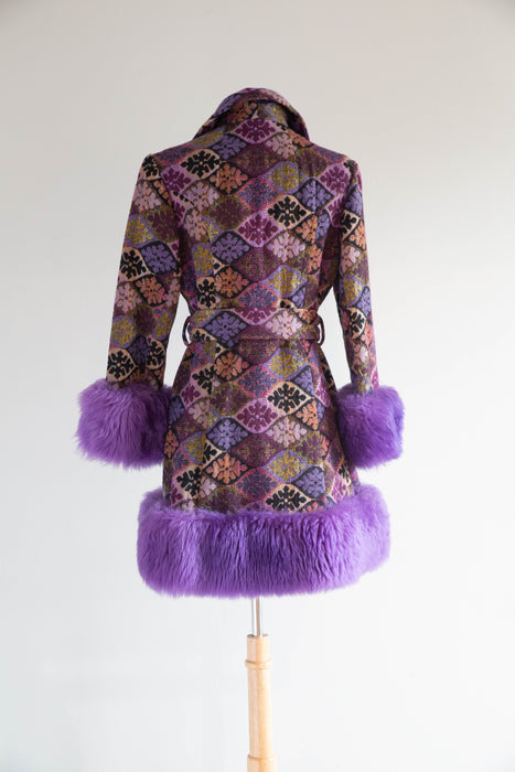 Iconic 1970's Country Pacer Tapesty Princess Coat With Purple Shearling Trim / M