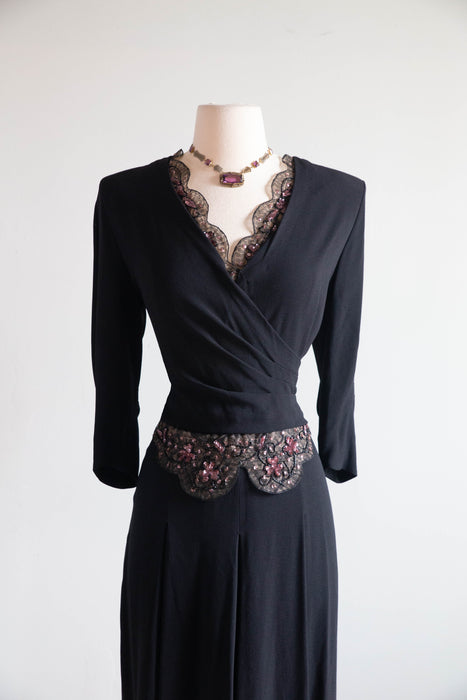 Elegant 1940's Black Rayon Evening Dress With Embellished Illusion Lace / M