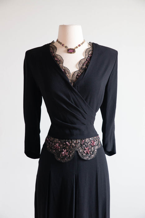 Elegant 1940's Black Rayon Evening Dress With Embellished Illusion Lace / M
