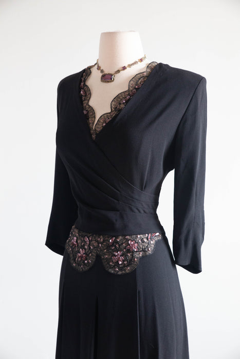 Elegant 1940's Black Rayon Evening Dress With Embellished Illusion Lace / M
