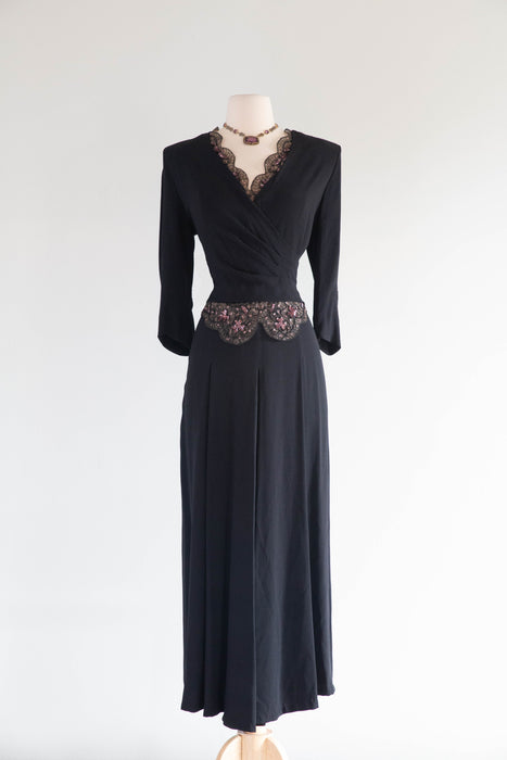 Elegant 1940's Black Rayon Evening Dress With Embellished Illusion Lace / M