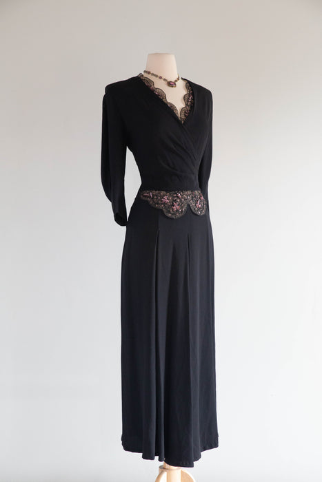 Elegant 1940's Black Rayon Evening Dress With Embellished Illusion Lace / M