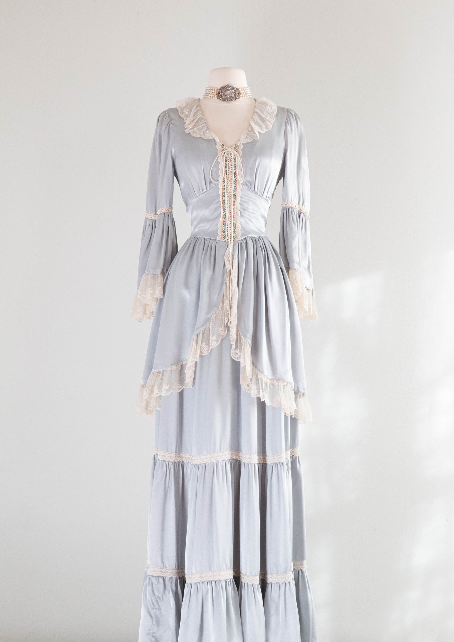 Enchanted 1970's Pale Blue Satin Gunne Sax Princess Gown / Medium