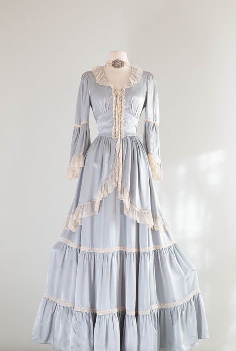 Enchanted 1970's Pale Blue Satin Gunne Sax Princess Gown / Medium