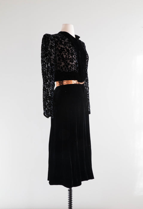 Dramatic 1930's Black Silk Velvet Cocktail Dress With Burnout Floral Bodice / Large