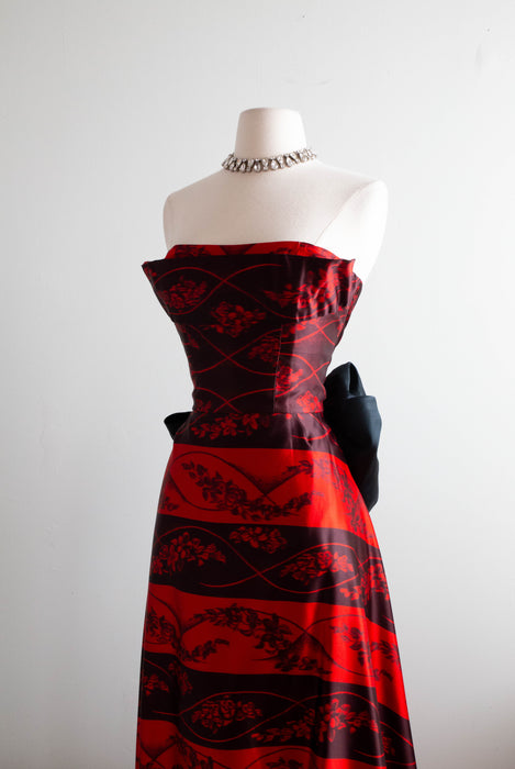 Vintage 1950's Red & Black Silk Couture Evening Gown By Sonia Gowns Inc. / Small