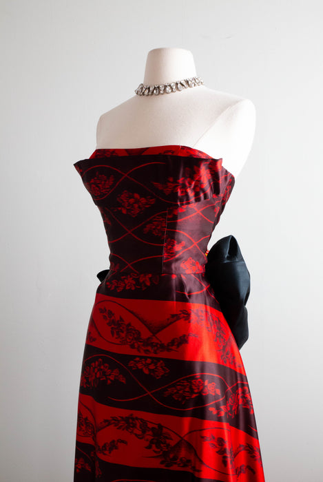 Vintage 1950's Red & Black Silk Couture Evening Gown By Sonia Gowns Inc. / Small
