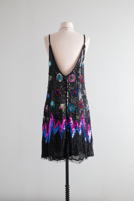 Fantastic 1980's Peacock Flapper Party Dress Beaded Fringe & Sequins / Medium