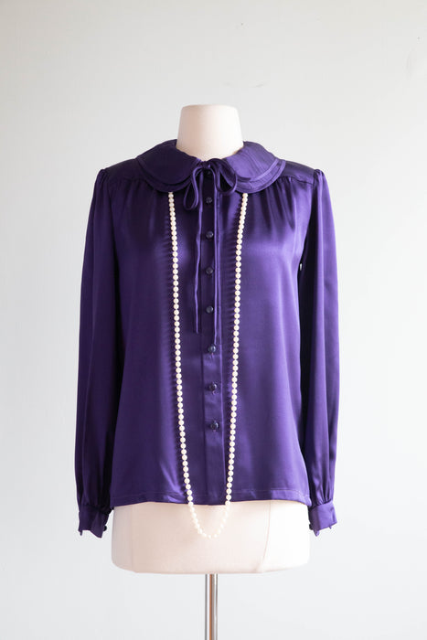 Vintage 1970's Valentino Silk Blouse In Aubergine / Size SM