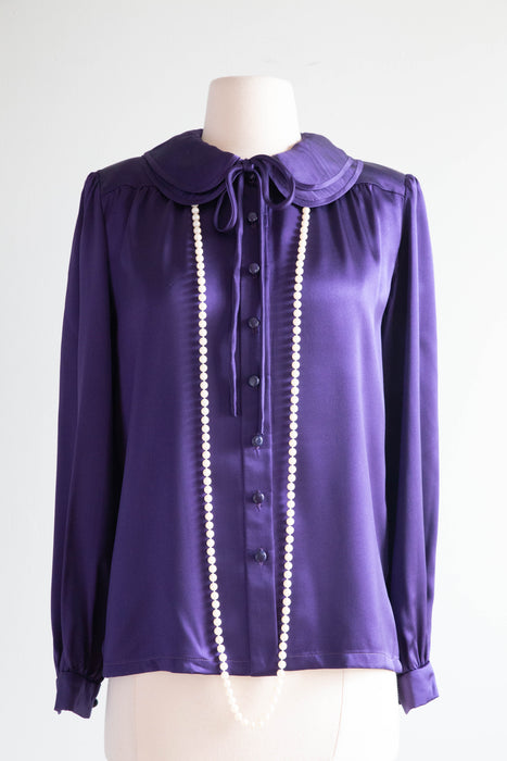 Vintage 1970's Valentino Silk Blouse In Aubergine / Size SM