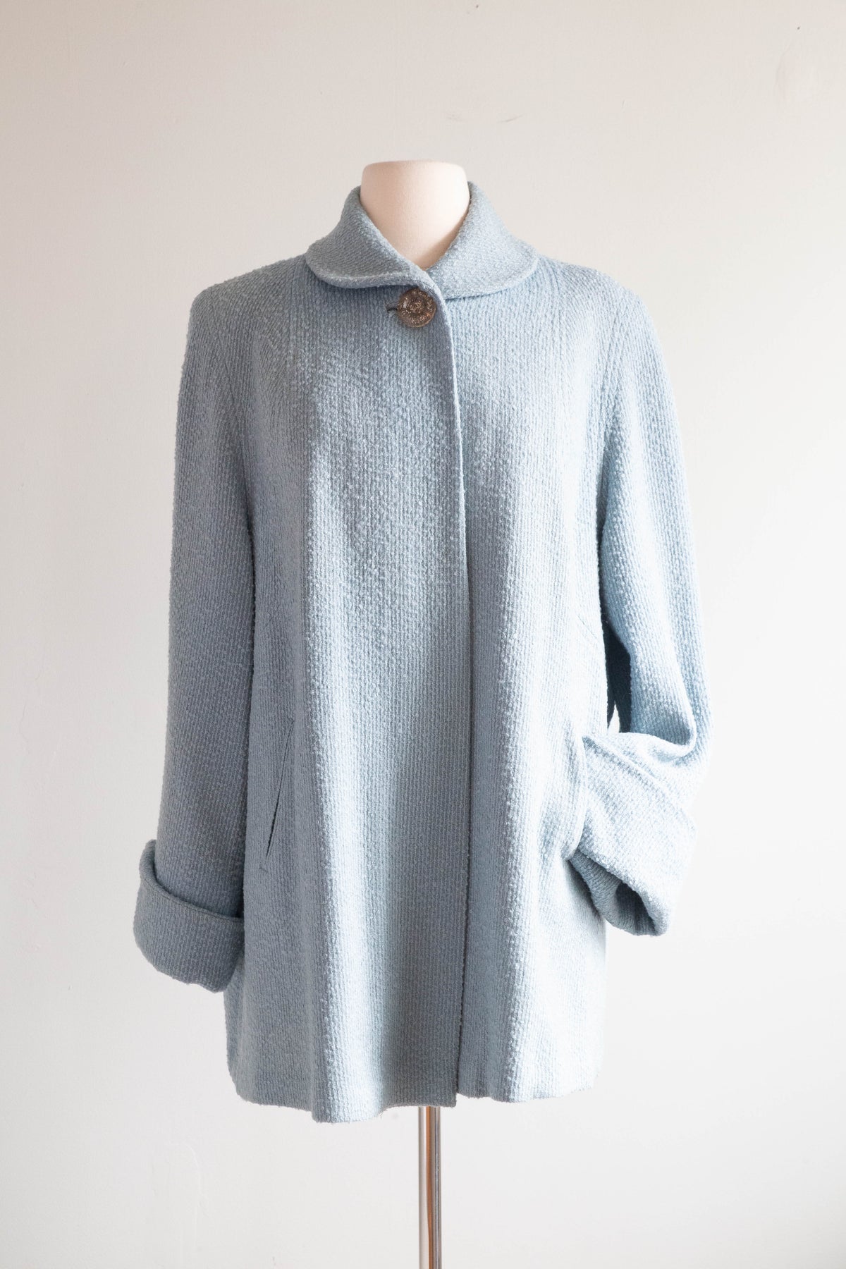 Elegant 1940's Windsor Blue Wool Boucle' Swing Coat By Botany