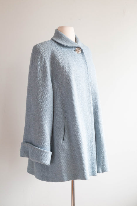 Elegant 1940's Windsor Blue Wool Boucle' Swing Coat By Botany / Medium