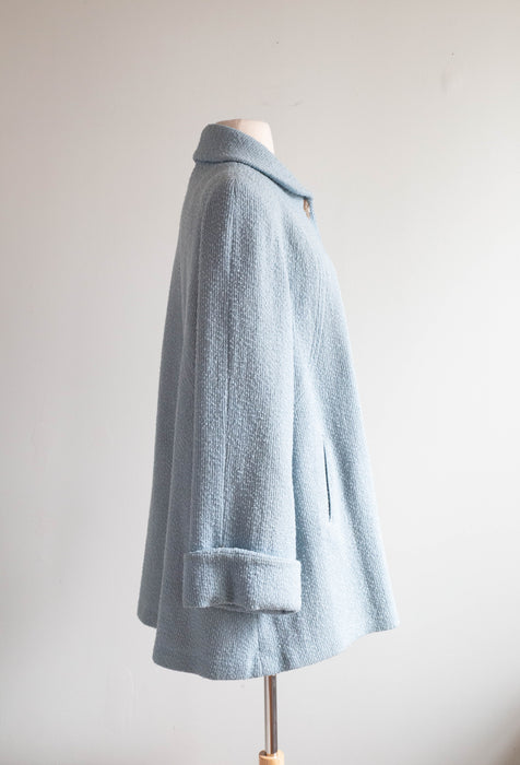 Elegant 1940's Windsor Blue Wool Boucle' Swing Coat By Botany / Medium