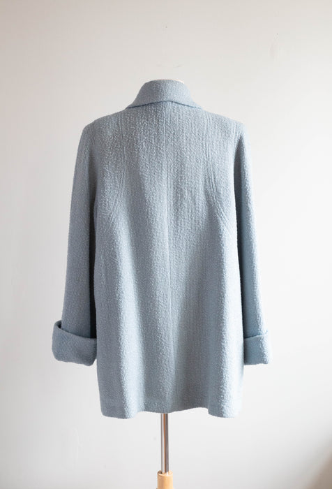 Elegant 1940's Windsor Blue Wool Boucle' Swing Coat By Botany / Medium