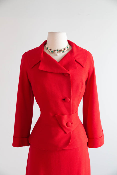 Classic 1950's Don Loper of Beverly Hills Cherry Red Wool Suit / SM