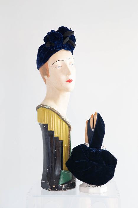 Fantastic 1930's Sapphire Blue Velvet Turban and Matching Handbag Set