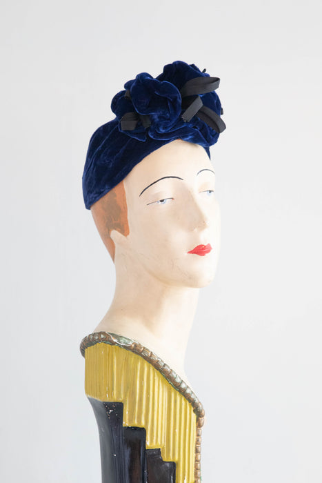 Fantastic 1930's Sapphire Blue Velvet Turban and Matching Handbag Set