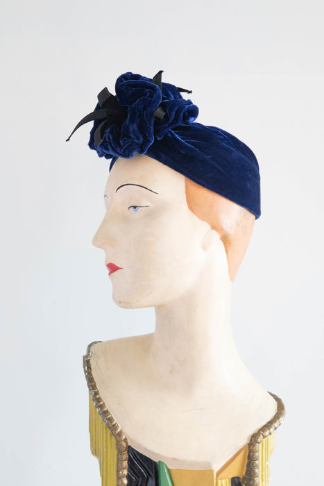 Fantastic 1930's Sapphire Blue Velvet Turban and Matching Handbag Set