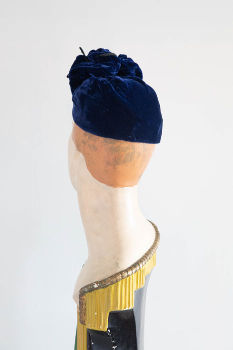 Fantastic 1930's Sapphire Blue Velvet Turban and Matching Handbag Set