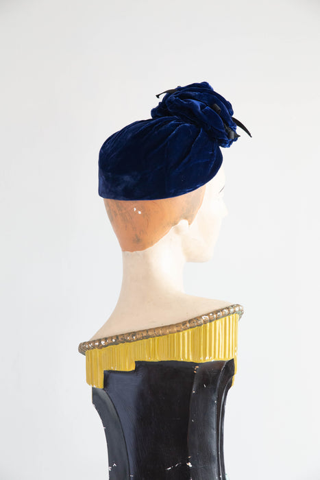 Fantastic 1930's Sapphire Blue Velvet Turban and Matching Handbag Set