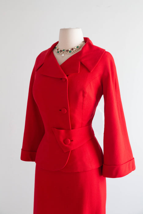 Classic 1950's Don Loper of Beverly Hills Cherry Red Wool Suit / SM