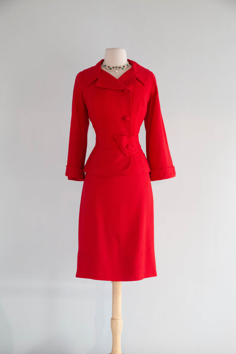 Classic 1950's Don Loper of Beverly Hills Cherry Red Wool Suit / SM
