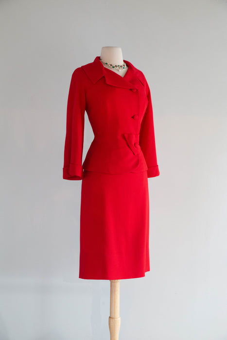 Classic 1950's Don Loper of Beverly Hills Cherry Red Wool Suit / SM