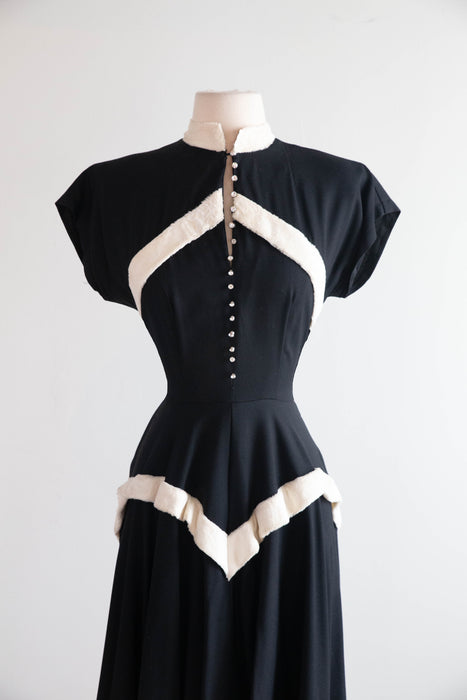 Stunning Late 1940's Rayon Party Dress With Faux Fur Defined Corset Bodice / M