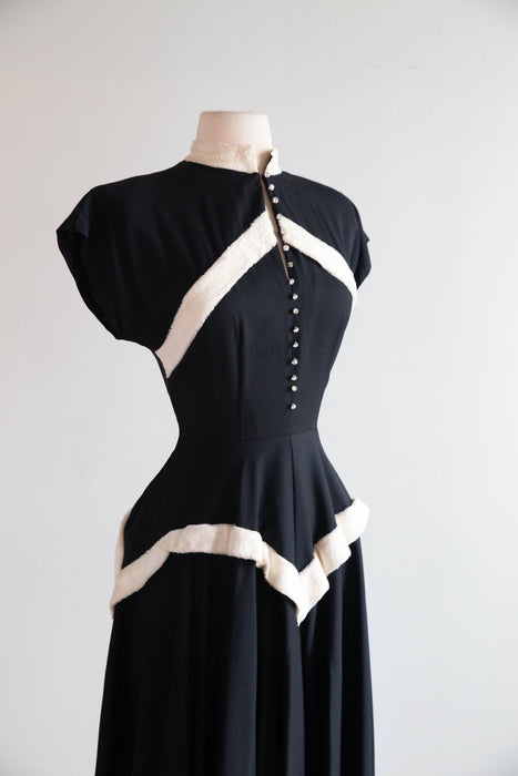 Stunning Late 1940's Rayon Party Dress With Faux Fur Defined Corset Bodice / M