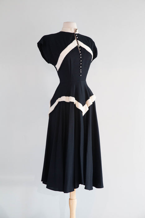 Stunning Late 1940's Rayon Party Dress With Faux Fur Defined Corset Bodice / M
