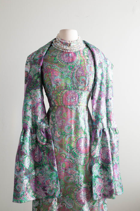 Fabulous 1960's Dynasty Psychedelic Metallic Maxi Dress With Wrap / Small  Medium