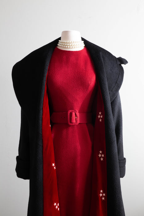 Spectacular 1950's Black Cocoon Coat With Crimson Velvet Star Embroidered Lining / Medium