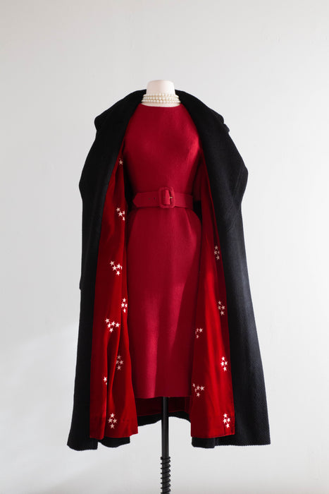 Spectacular 1950's Black Cocoon Coat With Crimson Velvet Star Embroidered Lining / Medium