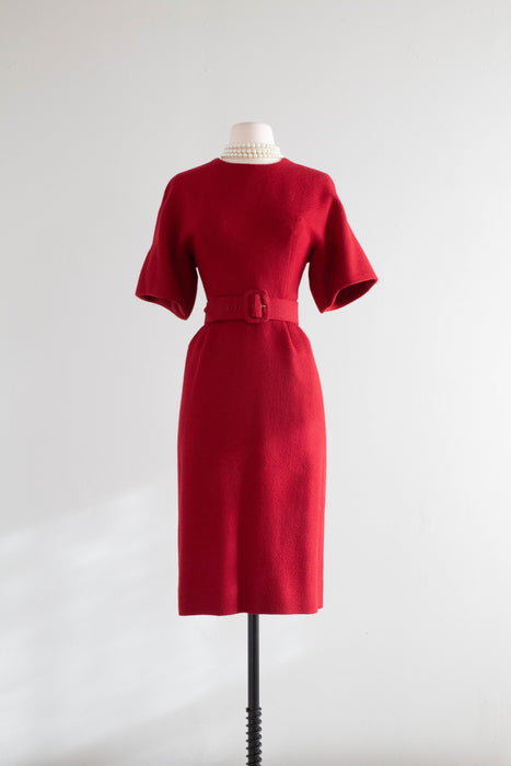 Chic 1950's Crimson Wool Fitted Dress From Lipmans / Small