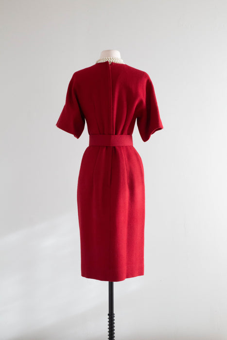 Chic 1950's Crimson Wool Fitted Dress From Lipmans / Small