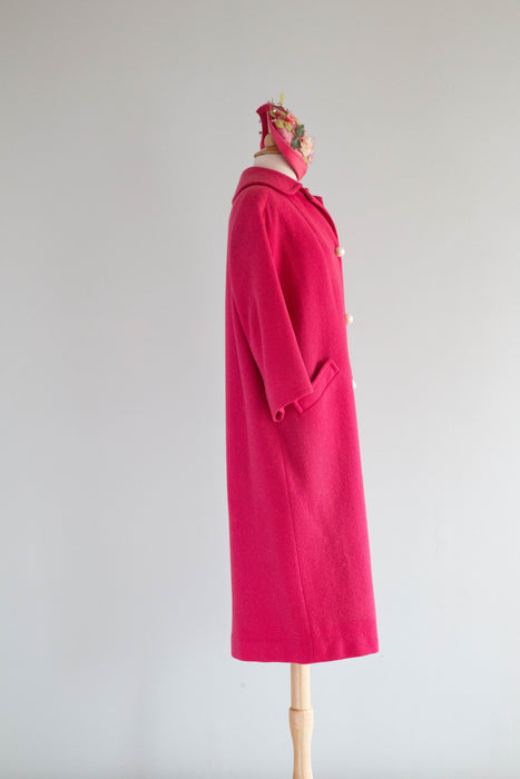 Fabulous 1960's Shocking Pink Wool Coat With Big Pearl Buttons / ML