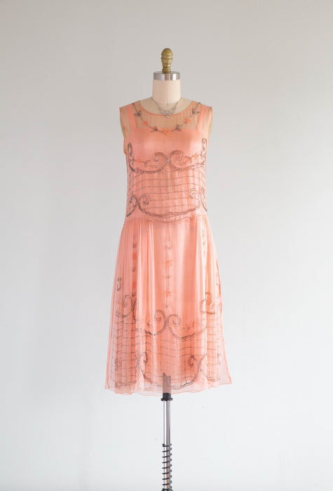 Ethereal 1920's Ballet Pink Silk Chiffon Beaded Flapper Dress / XS Xtabay Vintage Ethereal 1920's Ballet Pink Silk Chiffon Beaded Flapper Dress / XS Xtabay Vintage