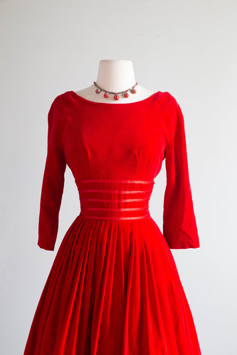 Darling Late 1950's Ruby Red Velveteen Party Dress / Small