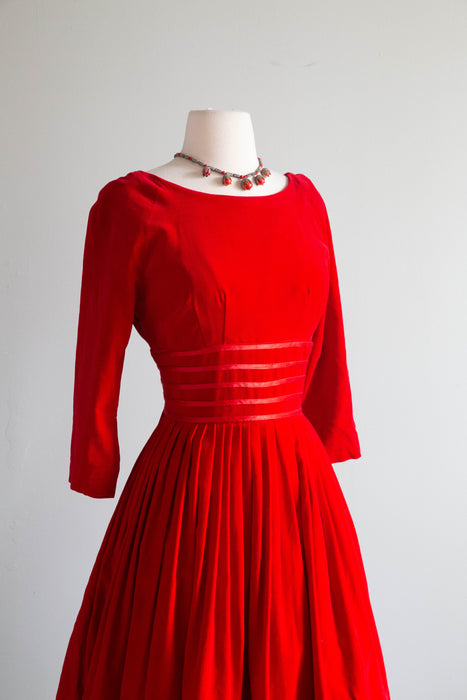 Darling Late 1950's Ruby Red Velveteen Party Dress / Small