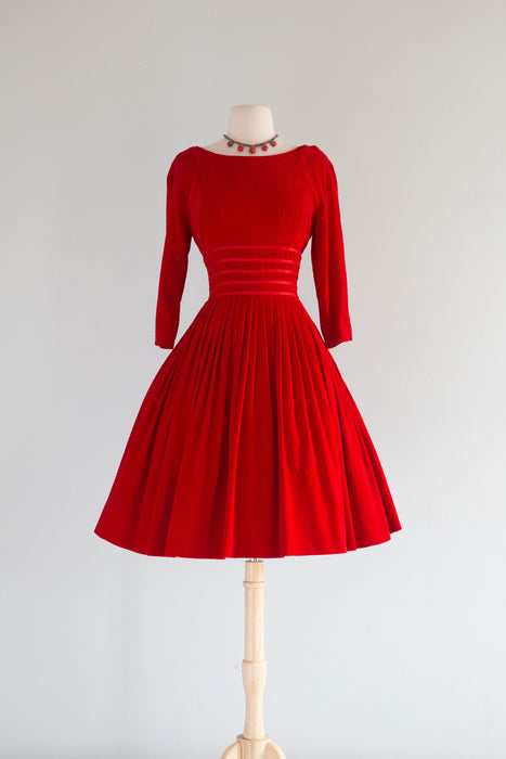 Darling Late 1950's Ruby Red Velveteen Party Dress / Small