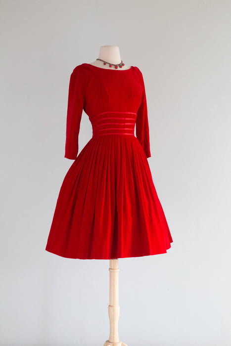 Darling Late 1950's Ruby Red Velveteen Party Dress / Small