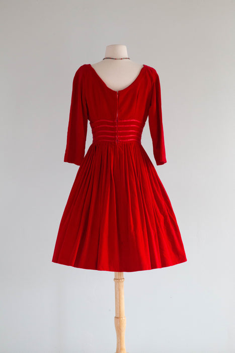 Darling Late 1950's Ruby Red Velveteen Party Dress / Small