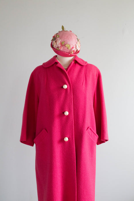 Fabulous 1960's Shocking Pink Wool Coat With Big Pearl Buttons / ML