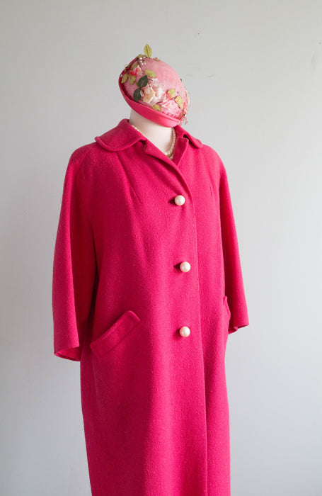 Fabulous 1960's Shocking Pink Wool Coat With Big Pearl Buttons / ML