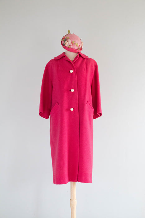 Fabulous 1960's Shocking Pink Wool Coat With Big Pearl Buttons / ML