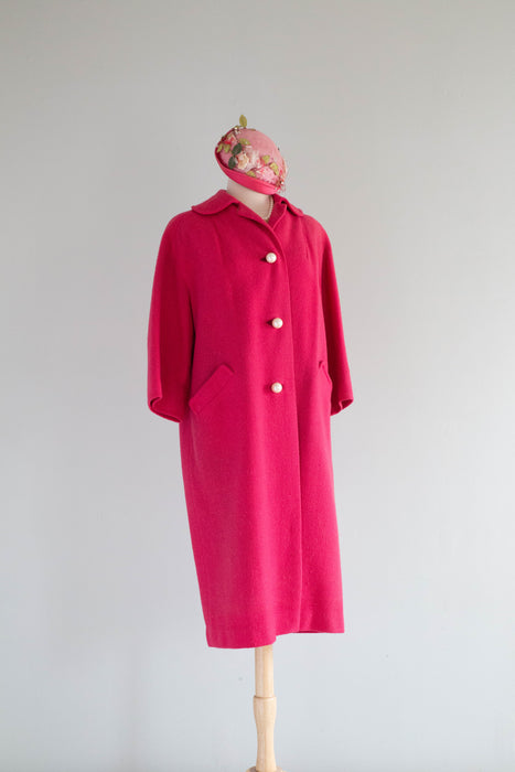 Fabulous 1960's Shocking Pink Wool Coat With Big Pearl Buttons / ML