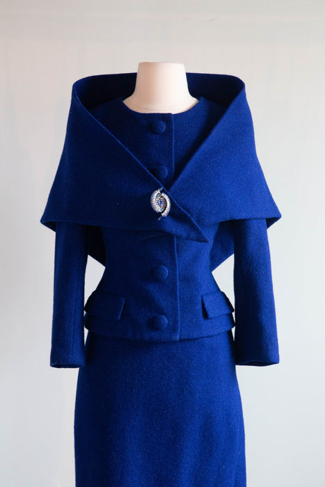 Elegant 1950's Royal Blue Wool Suit with Shawl Wrap and Fabulous Silk Lining / XS